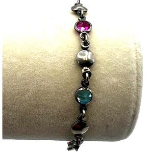 Italian 925 Sterling Silver Bracelet With Faceted Glass Gems   M27